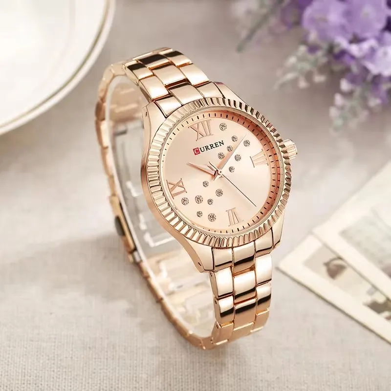 CURREN 9009 Women\'s Quartz Watch Business Fashion Diamond Dial Waterproof Stainless Steel Strap Casual Simple Ladies Wristwatch