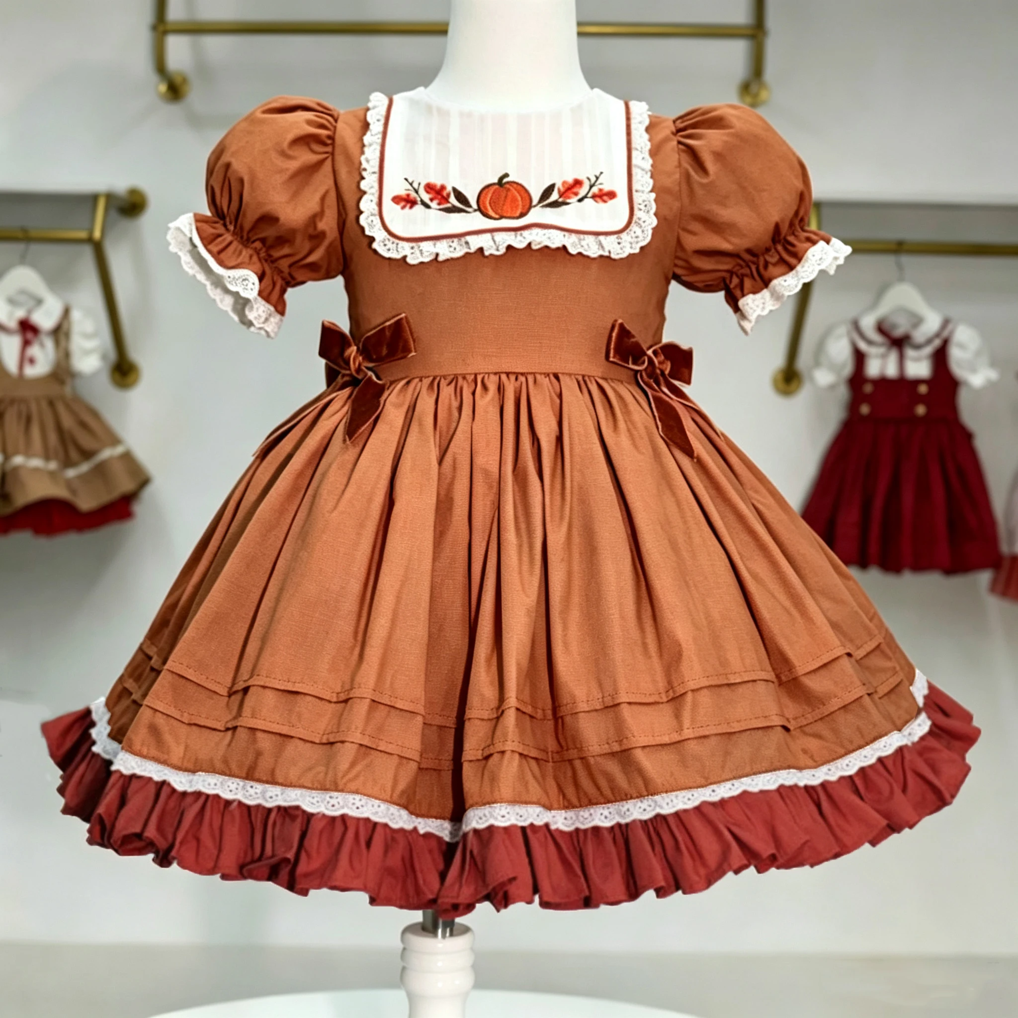 0-12Y Baby Girl Summer  Orange Pumpkin Embroidery Turkish Vintage Spanish Princess Dress for Holiday Birtday Photography B149
