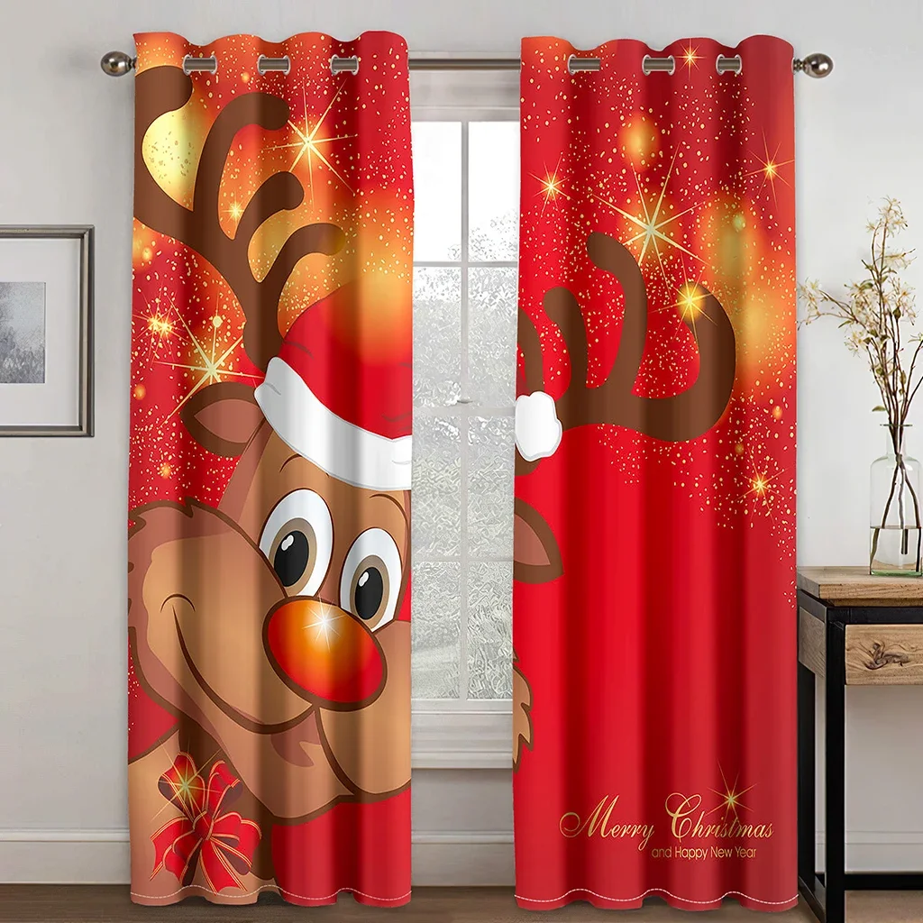 Merry Chrismas Red Santa Claus Funny Reindeer elk 2 Pieces Free Shipping Thin Window Curtain for Living Room Bedroom Drape Decor