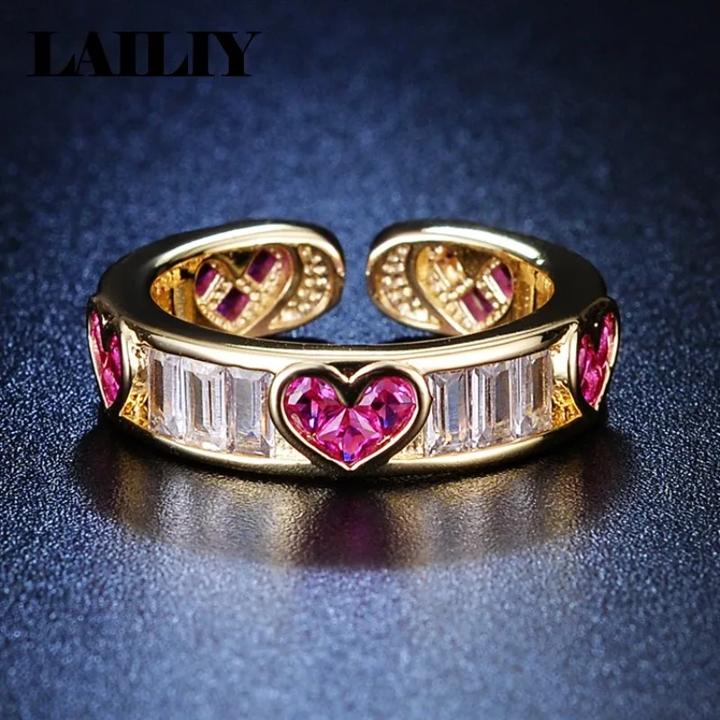 LAILIY 925 Sterling Silver 18K Gold Hot Selling Birthday Gift Colored Gemstone Heart  Adjustable Ring For Women Fashion Jewelry