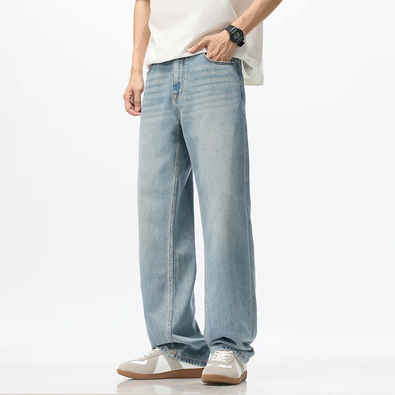 Men's Summer 2025 New Fashionable Korean Versatile Loose Thin Straight Casual Solid Color Breathable Y Light Blue Jeans HD8550