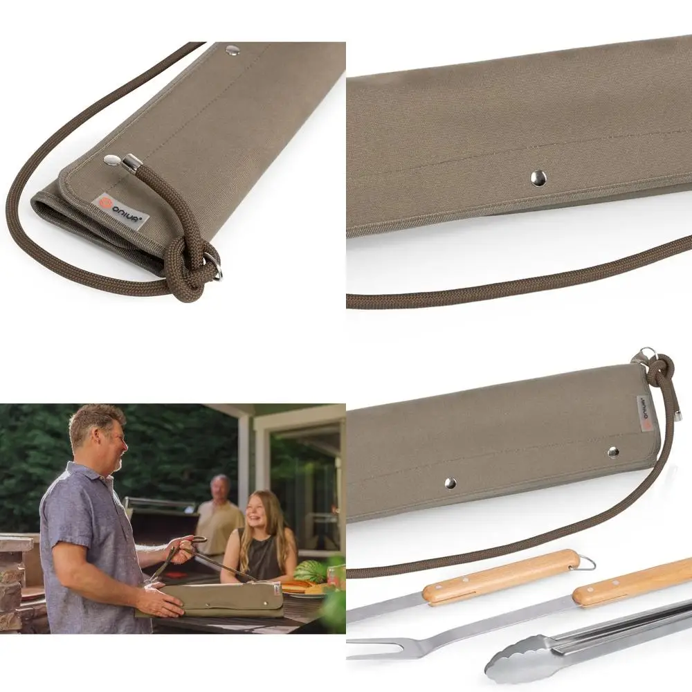 

Green Canvas BBQ Roll-Up Set: 3-Piece Outdoor Grilling Accessories with Beechwood Tools