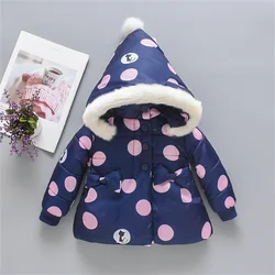 Winter Girls' Cotton Coat New Dotted Cat Print With Hat Bow Tie Warm Casual Coat