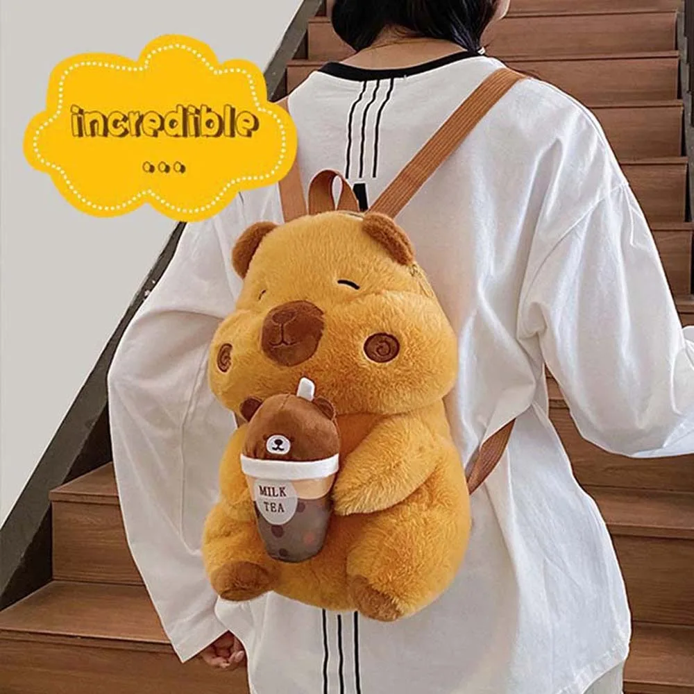 Thickened Cute Capybara Backpack Soft Milk Tea Cup Brown Doll Bag Lightweight Adjustable Straps Cartoon Daypack Daily
