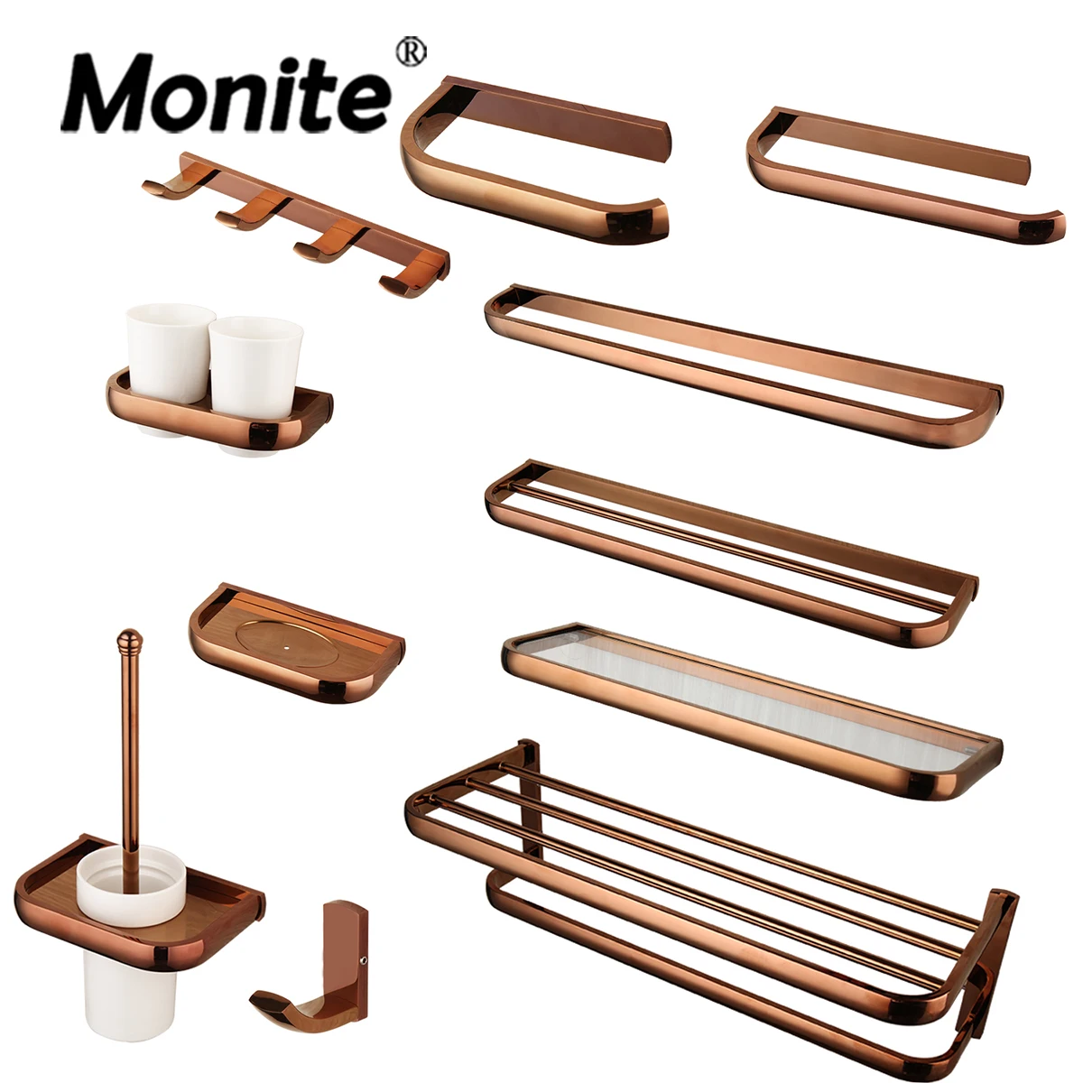 

Monite Luxury Rose Golden Bathroom Accessories Solid Brass Toilet Brush Paper Holder Soap Dish Towel Shelf Wall Mount Combo Kit