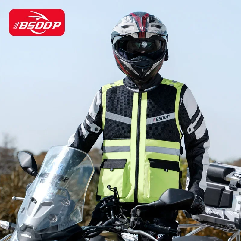 BSDDP Motorcycle Reflective Safety Vest Motorcyclist Reflective Clothing High Visibility Fluorescent Vest with Back Protector