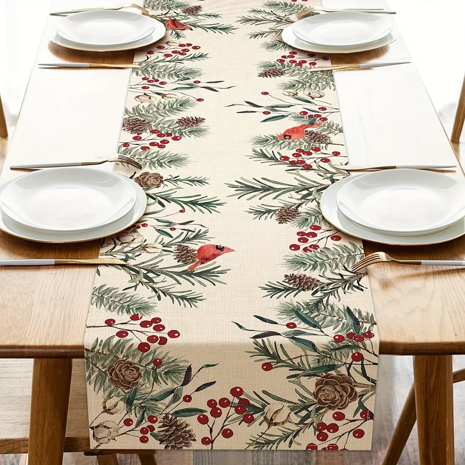 VIKAMA Winter Theme Pine Needle Branches Printed Table Runner Table Flag New Year Tablecloth Kitchen Dining Table Decor Home