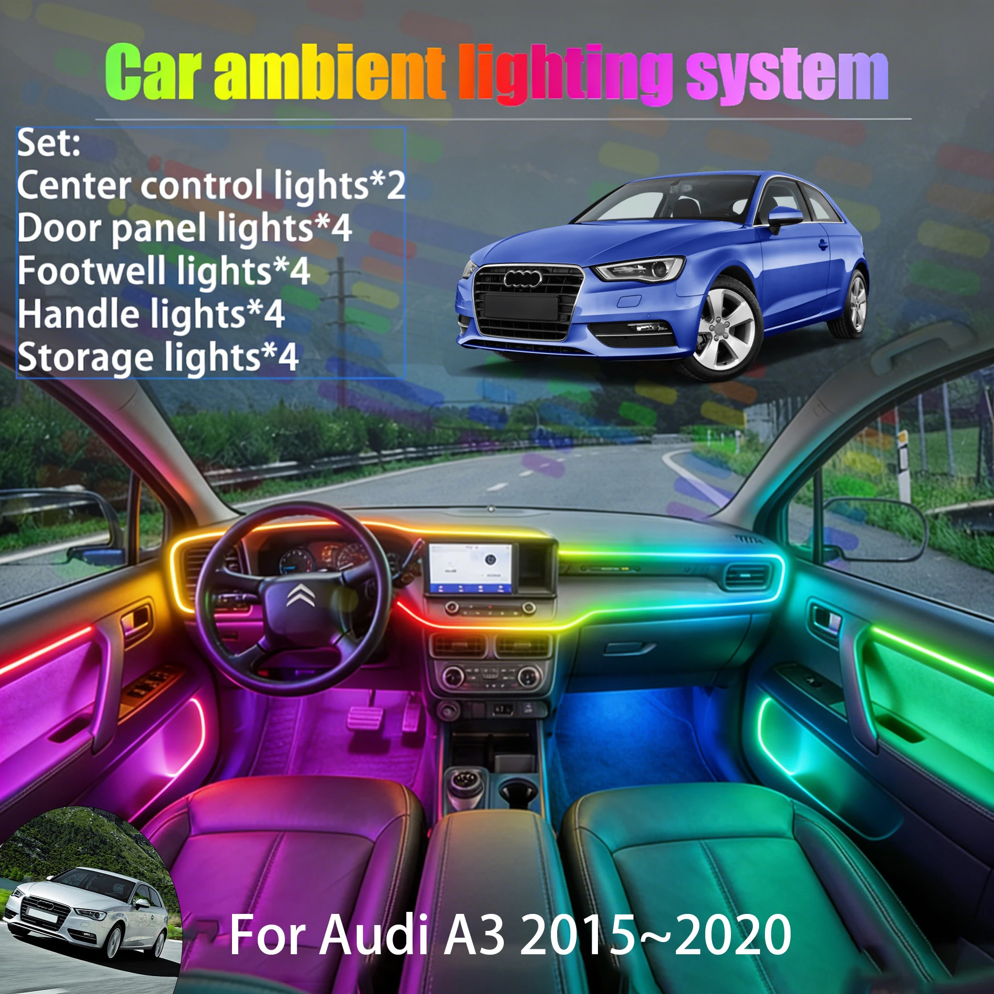 

Для Audi A3 2015~2020 8V MK3 2/18 в 1: Комплект светодиодной подсветки салона и багажника USB RGB, атмосферная подсветка, автозапчасти