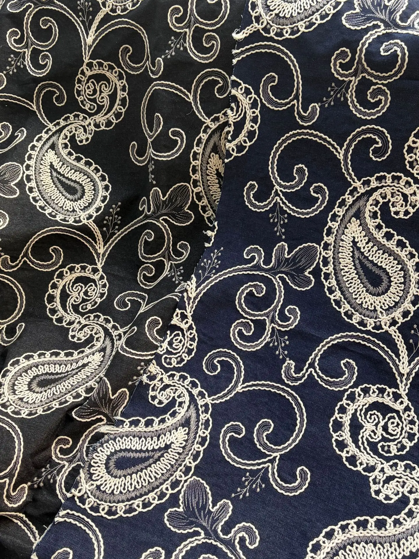 

New high-quality cashew cotton cord embroidered denim base fabric for vest and coat designer clothing embroidered fabric