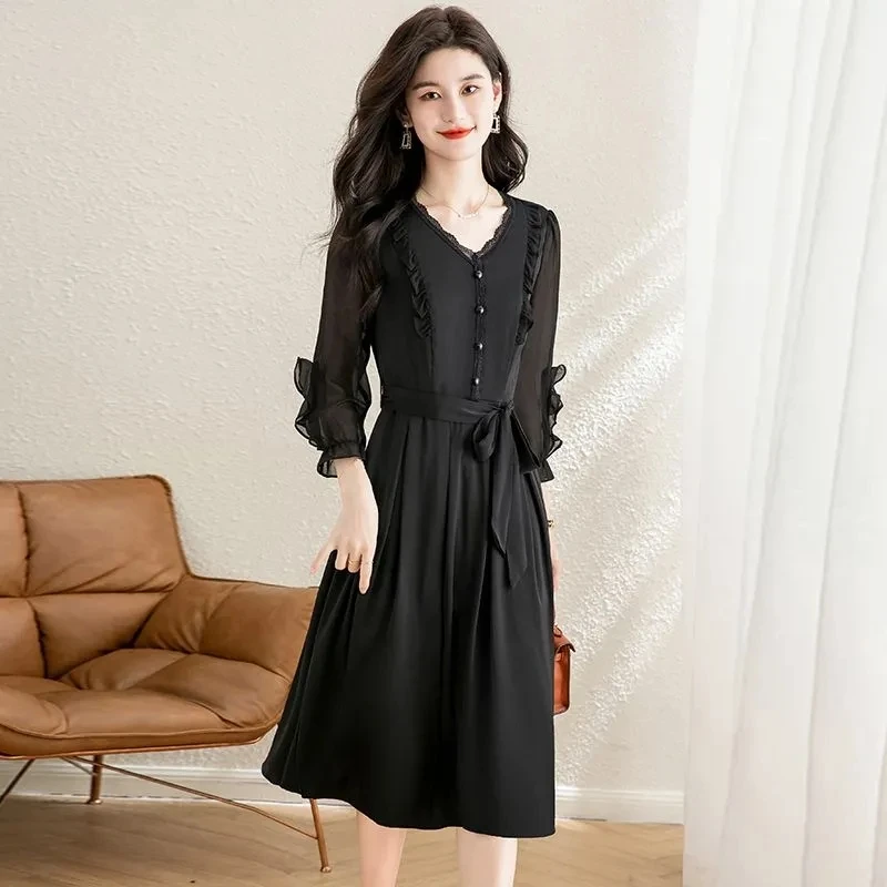 2025 Summer Bohemian Mid Long Dress Women Solid Color V Neck Chiffon Dresses Maxi Evening Ladies Party Dress Vestidos Clothing