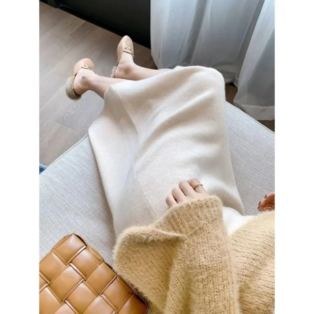 

Women's Cashmere Mid-Length Skirt High-Waisted Knee-Length Petite Bodycon Pencil Knit Trendy Autumn Winter Fashion