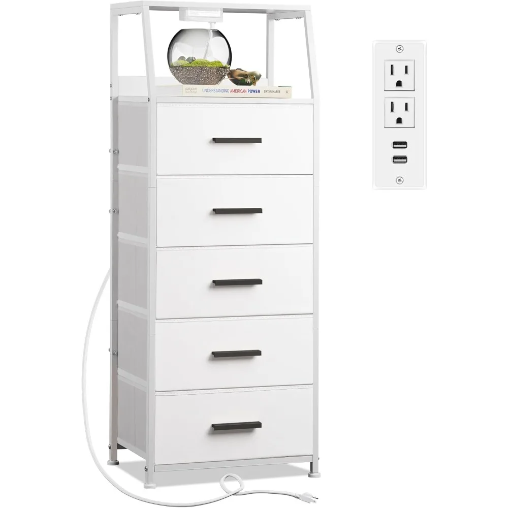 

Nightstand 5 Drawer Dresser with Charging Station, Side Table with Fabric Drawers, End Table with Open Shelf, Tall Dresser for B