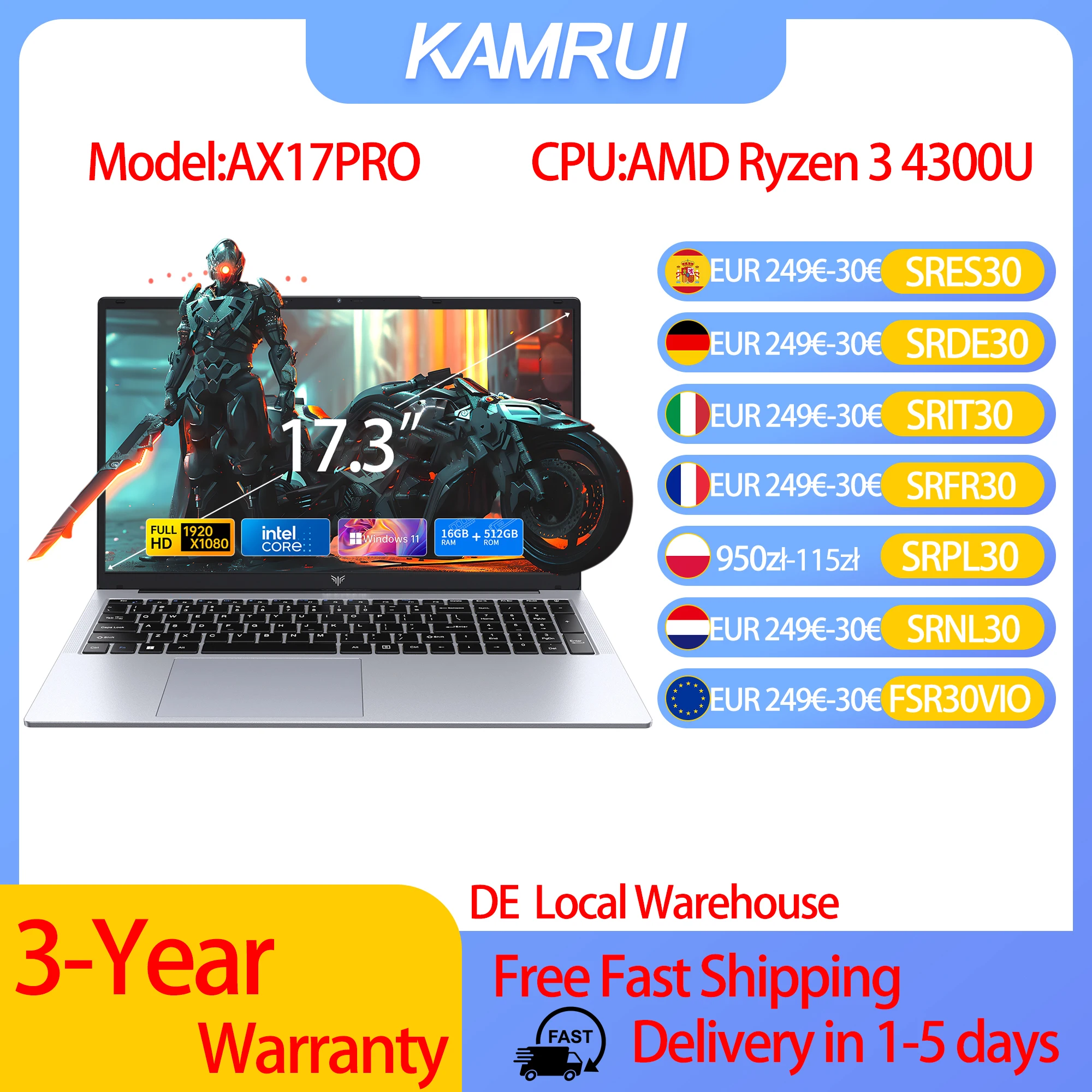 KAMRUI 17.3 Laptop AMD Ryzen 3 4300U 16GB DDR4 RAM 512GB SSD Lekki laptop biznesowy Windows 11 Pro Ordenadores Portátiles