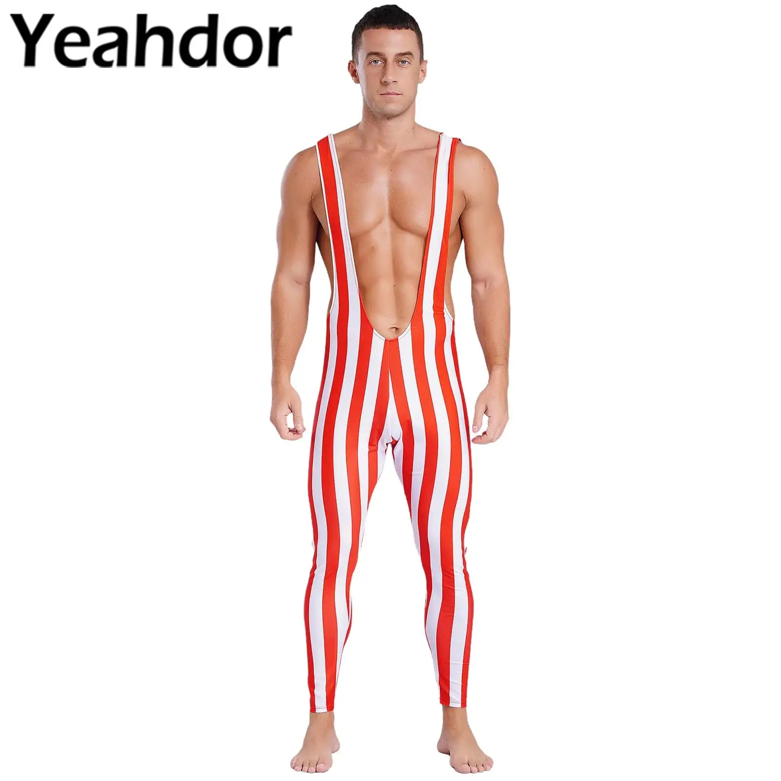 Mens Christmas Candy Cane Costume Xmas Striped Bodysuit Showing Muscle Rompers Wresting Singlets Jumpsuit New Year Cosplay Party