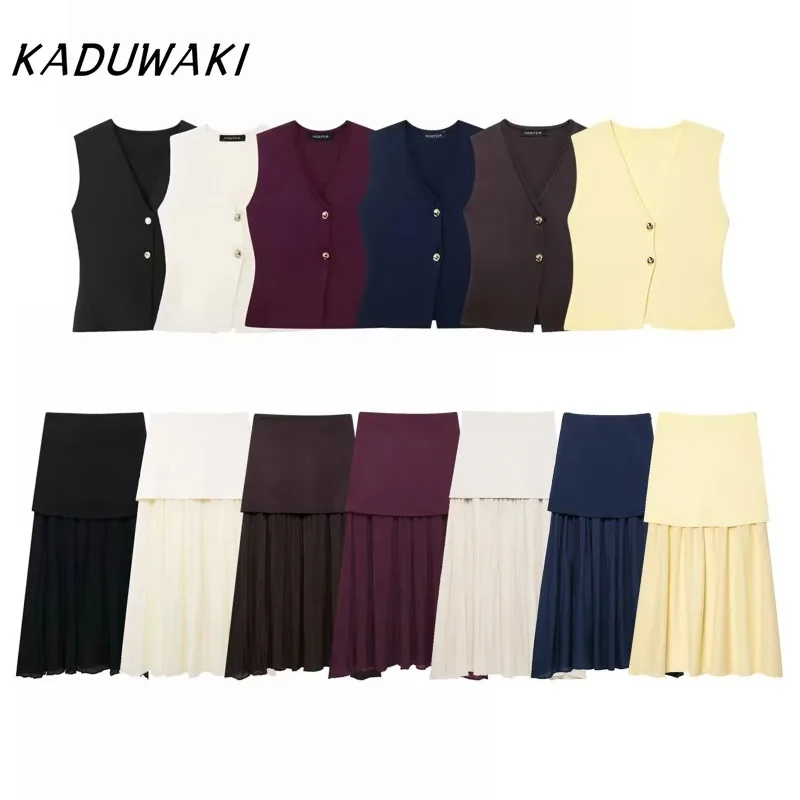 

KADUWAKI Y2k Women 2 Piece Set Chic V-Neck Sleeveless Button Knitted Vest Top+Splicing High Waist Side Zipper Ankle-Length Skirt
