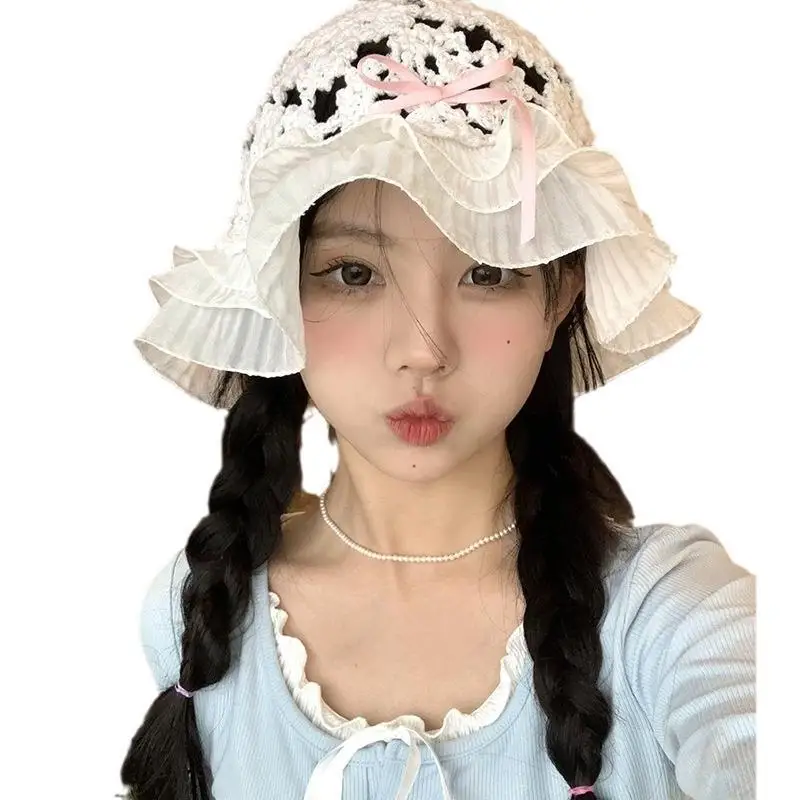 Korean Version Spring and Summer Knitted Hollow Bow Bucket Hat Female Sunshade Lace Big Head Circumference Sweet Basin Cap