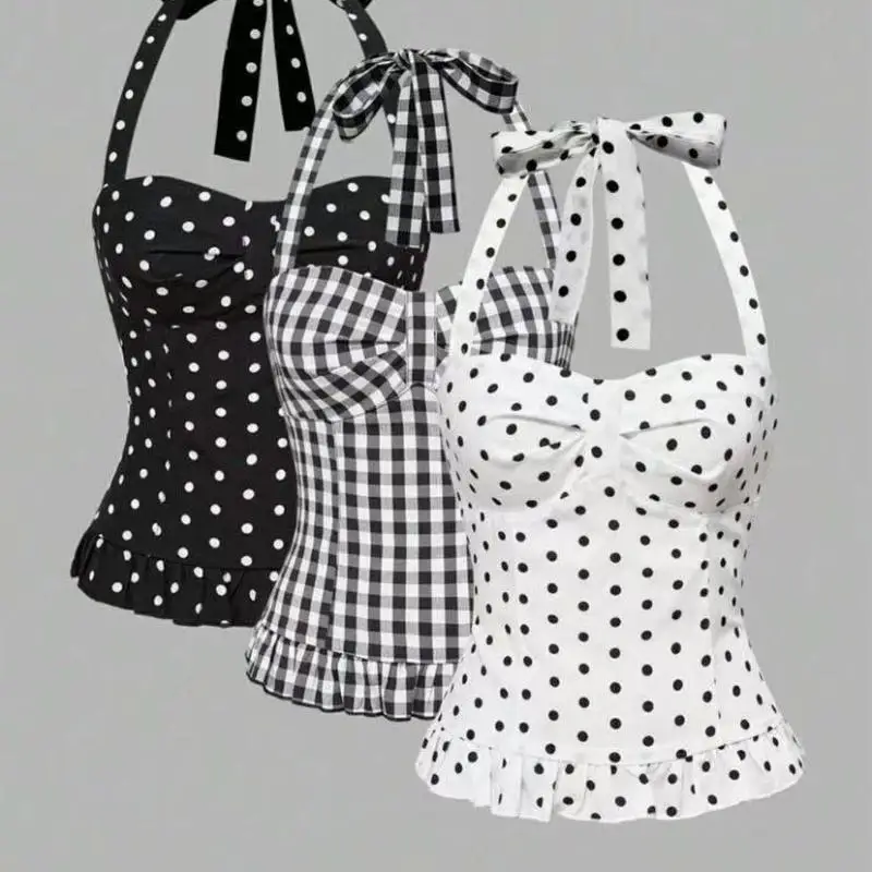 {MAX-66} Women Clothing Summer Fashion Casual Polka Dot Solid Color Sling Ladies Fashionable Appear Thin Slim Young Style Tops