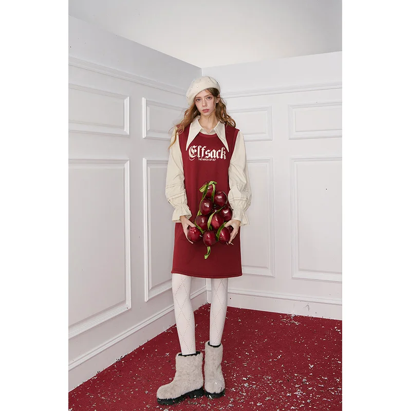 Elfsack camisa formal falsa de duas peças vestido de manga longa inverno feminino carta impressão puff manga vestido casual algodão roupas femininas