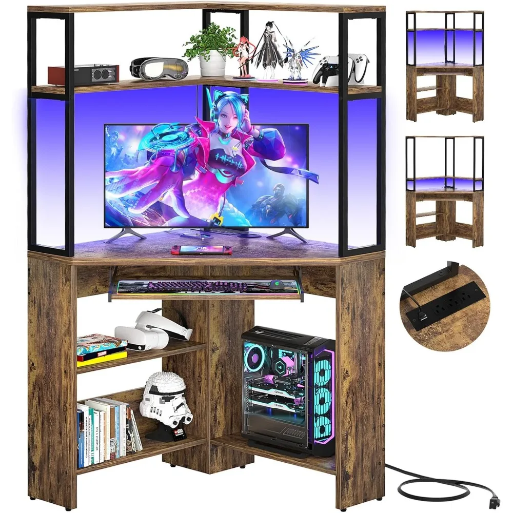 

Small Corner Desk with Hutch, Heavy Duty Corner Computer Desk with Power Outlets & LED Light, Triangle Corner Gaming Desk