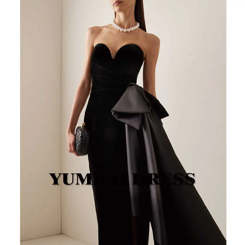 YUMDAI Black Crepe Irregular Evening Gown Elegant 2024 Strapless Bodycon Ball Gown Satin Bow Embellished Cocktail Dress