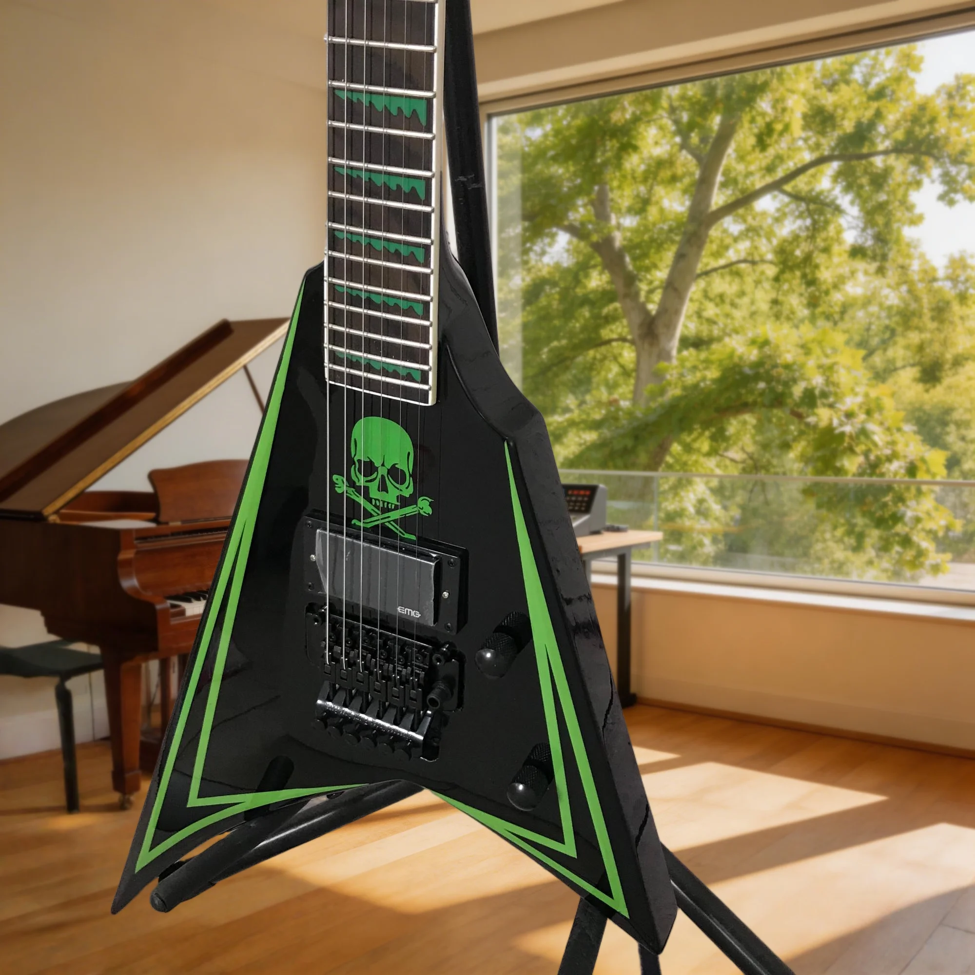 Electric Guita rClassic V-Shape Alien Black Base Striking Green Accents Skull Cross Channeling The Rebellious