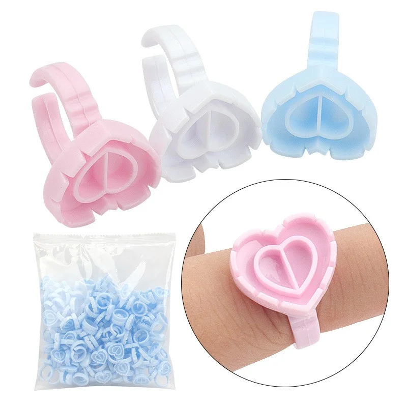 100 unids/bolsa desechable en forma de corazón anillo redondo pegamento en forma de gota para pestañas tazas adhesivas con pegamento para extensión de pestañas tazas