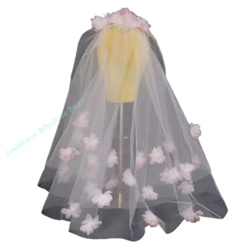 

R7UF Delicate Pink Flower Veil Gorgeous Woman Lace Headdress for Wedding Performances