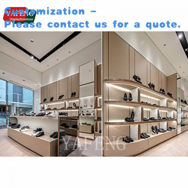 

custom.Modern Customized Wooden Stainless Steel Shoe Racks and Bag Display Cabinets Handbags and Shoes in Shop Interio