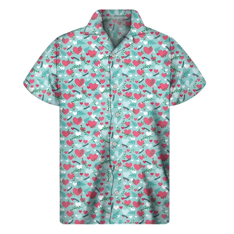 Cute Love Heart Aloha Shirt For Men Clothes 3D Print Hawaiian Shirts Summer Beach Short Sleeve Tops Street Lapel Button Blouse