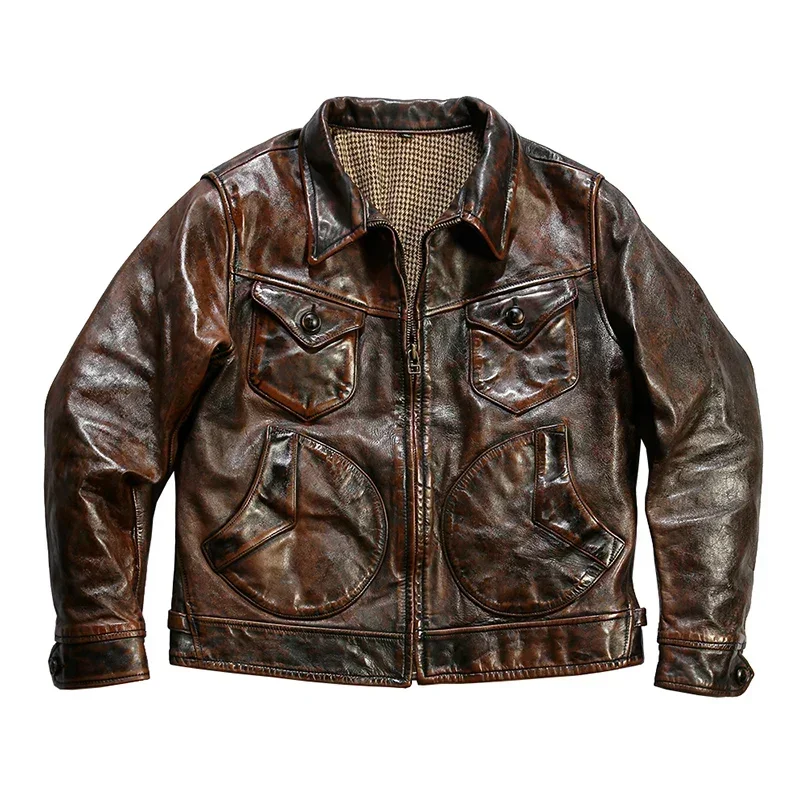 High Quality New Fashion Outdoor Motorbike Oiled Waxed Horsehide Jacket Vintage Men's Genuine Leather Casual Coat Clothes