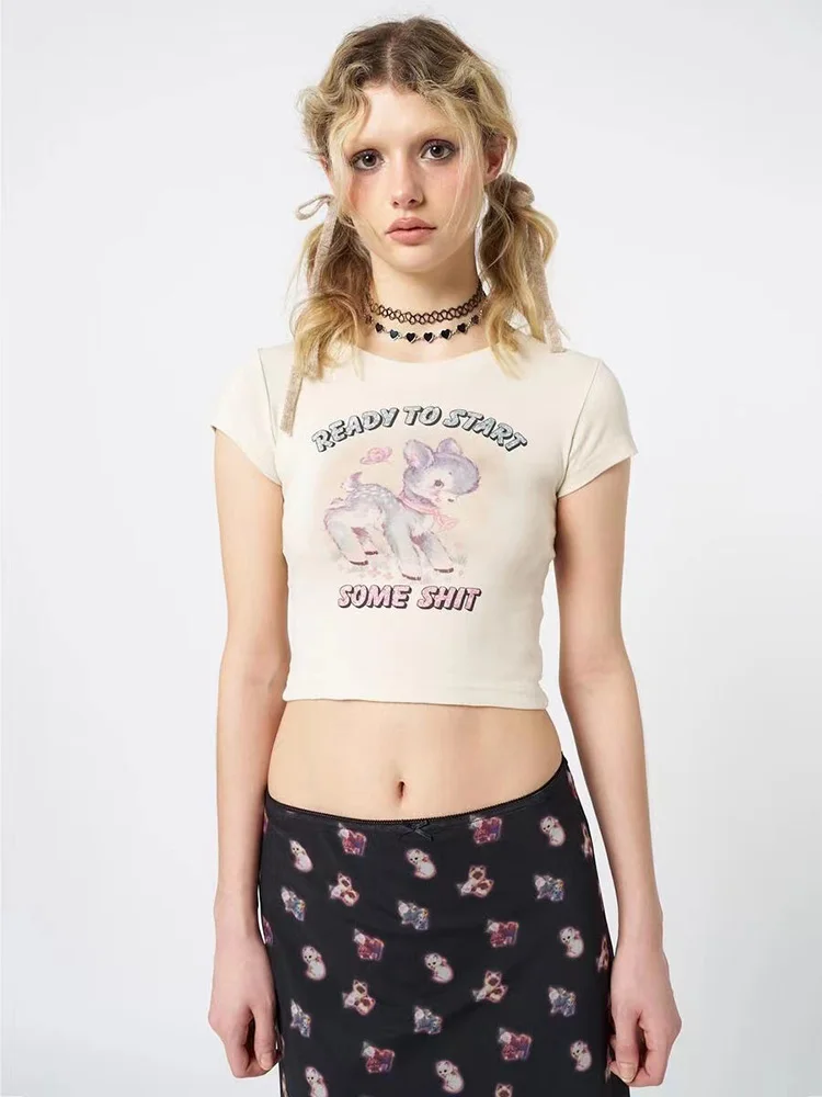 Women's T-Shirt Y2k Crop Top Tees Graphic Deer Cartton Summer Short Sleeve Korean Fashion Streetwear Aesthetic Kawaii Clothing