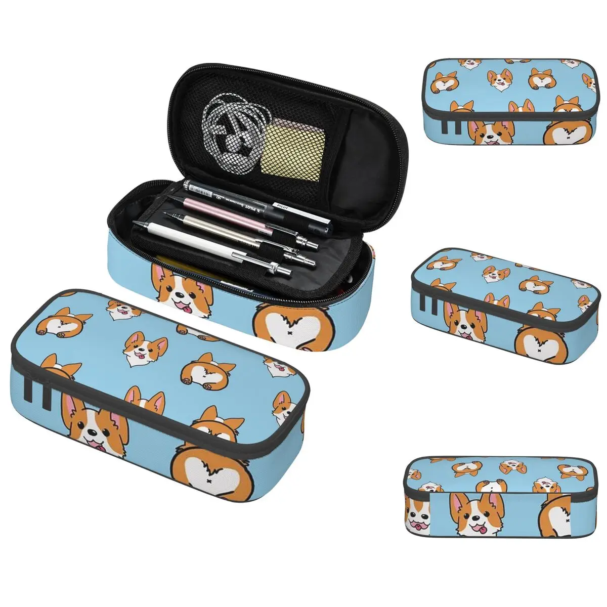 Blue Corgi Pattern Pencil Case for Kids School Pen Box Pencil Bag Stationery Supplies Pen Holder Bag