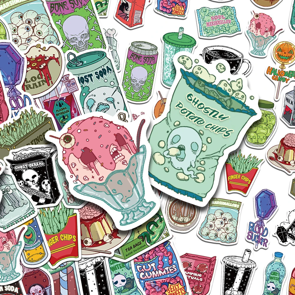 

10/30/50pcs Cool Retro Zombie Food Cartoon Stickers Horror Halloween Decals Decoration DIY Laptop Helmet Phone Car Sticker Pack