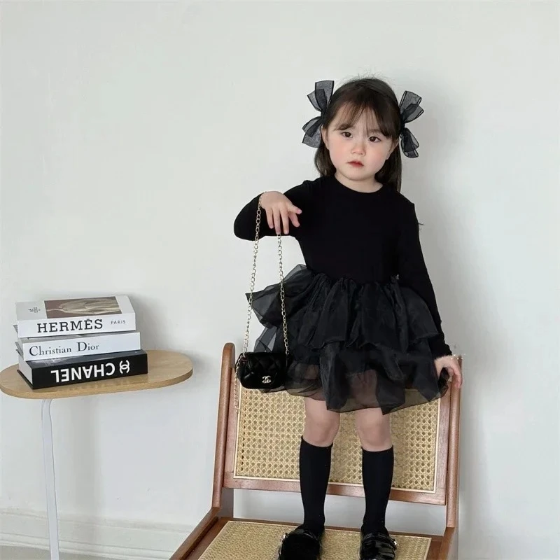 

2025 New Spring Black Tulle Birthday Princess Gown Children Costume Girls Long Sleeve Tutu Dresses Kids Elegant Party Dress