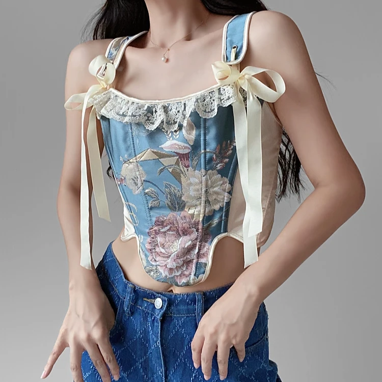 

Women Blue Corset Top Lolita Cute Vest Waist Shape Vintage Floral Victoria Green Bustier Slimming Lace Up Fashion Corsets