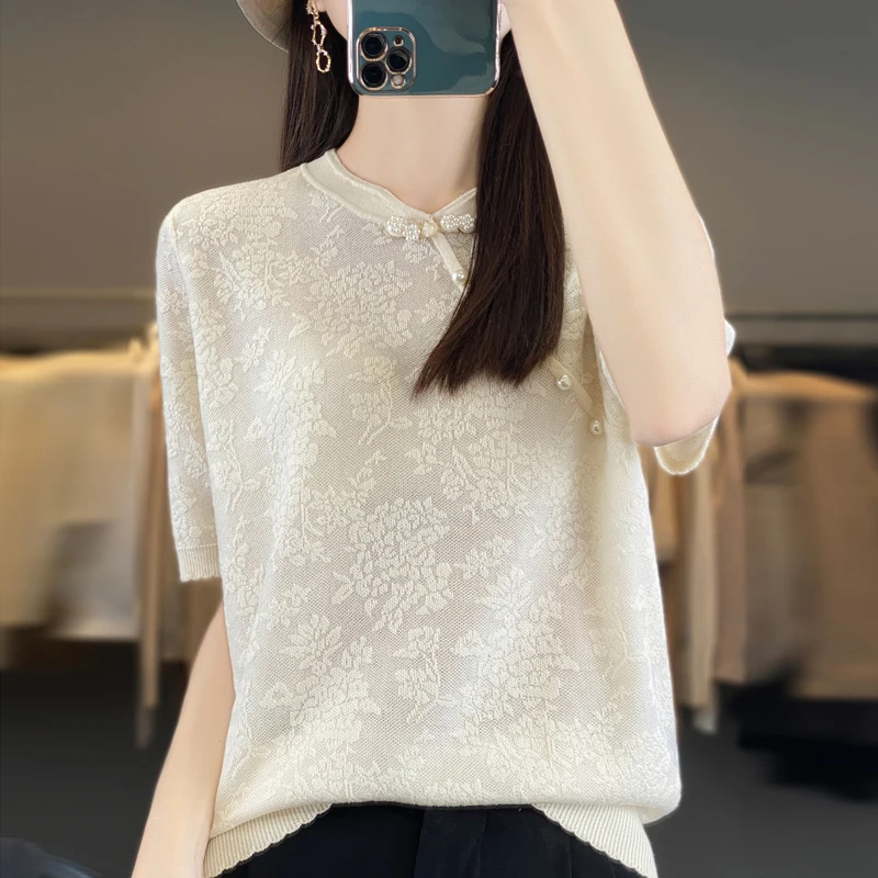 Summer 2024 New 100% Worn Wool Knitted Thin Short Sleeve High End Women\'s Top High Street Korean Fashion Sexy T-shirt