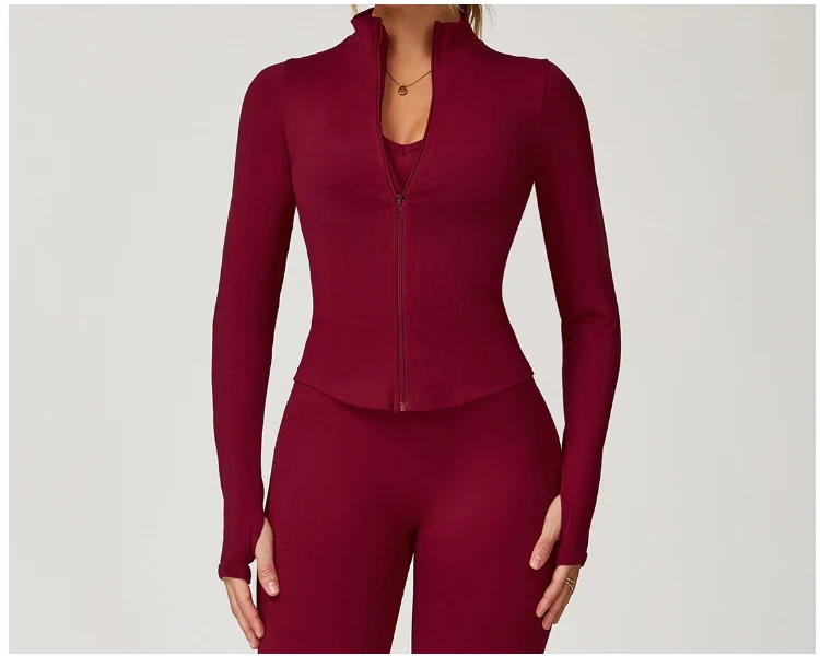 VITALINOVO Damen Cropped Running Workout Jacken mit Reißverschluss, schmal geschnittene Sportjacken mit Daumenlöchern, nahtlose, dehnbare Trainingsjacken – Detail 14