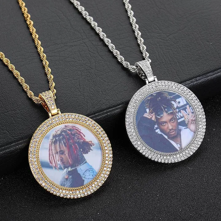 

ZGYXCZONE Hip Hop Jewelry Double Row Round Photo Zircon Necklace Men's Personalized Photo Frame Pendant