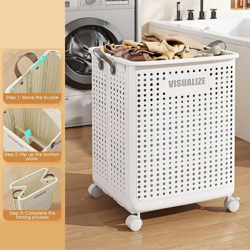 Rolling Laundry Basket Foldable Ventilated Rolling Hampers For Laundry Multifunction Laundry Hamper Smooth-Gliding Bathroom