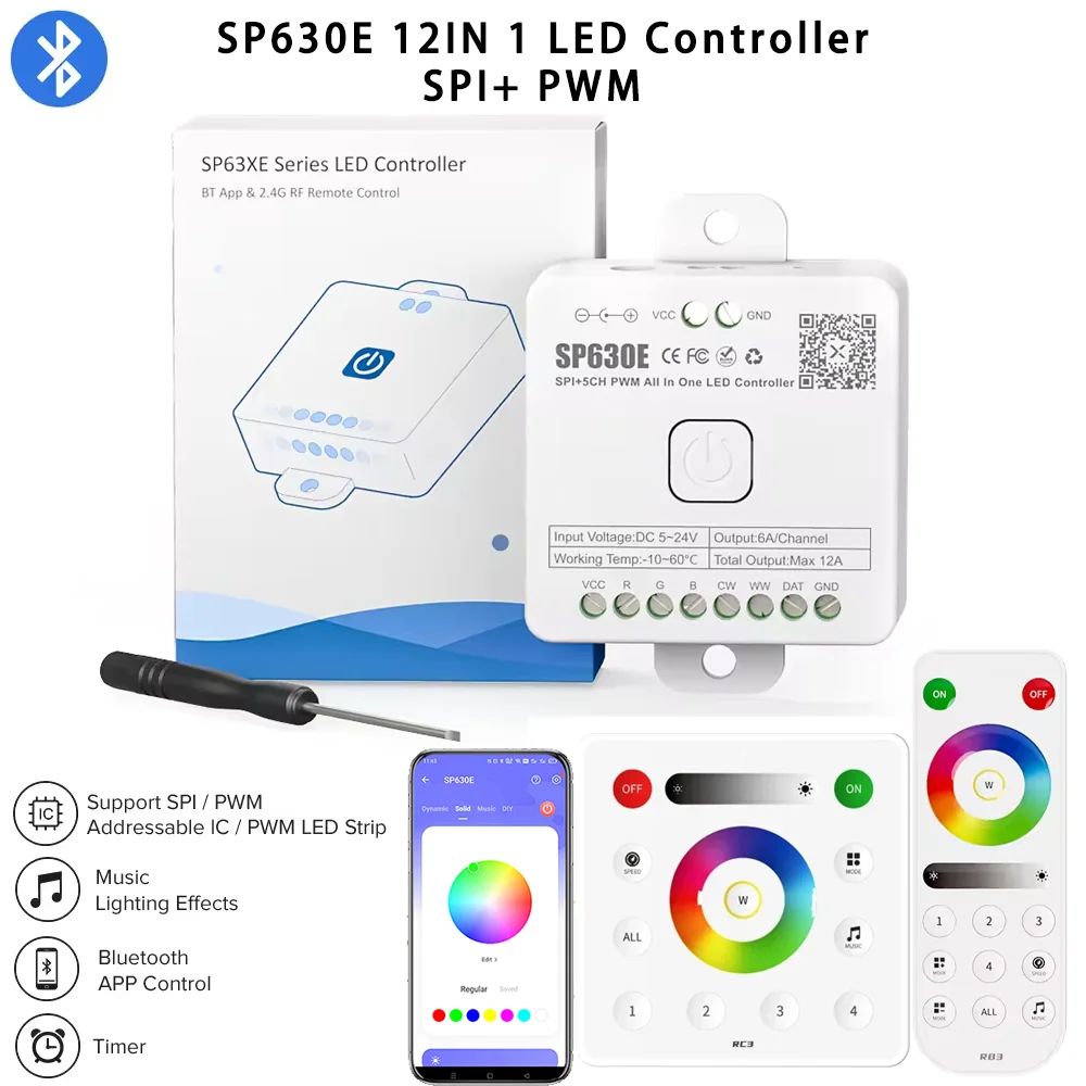 

SP630E Все в одном светодиодный контроллер 5-канальный ШИМ SPI пикселей Светодиодная лента 5 В-24 В Bluetooth Пульт дистанционного управления 5050 2835 COB ШИМ-полоски Контроллер