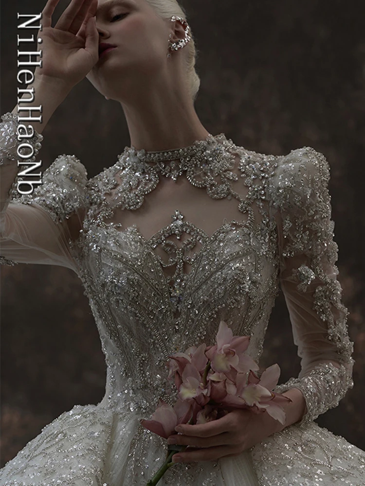 Robe de Mariée de Luxe en Dentelle à Col Haut et Manches sulf, Tenue de Princesse Brillante à Paillettes Entièrement Perlées et Dos aux, pour Patients, Quelle que soit la Nouvelle Collection