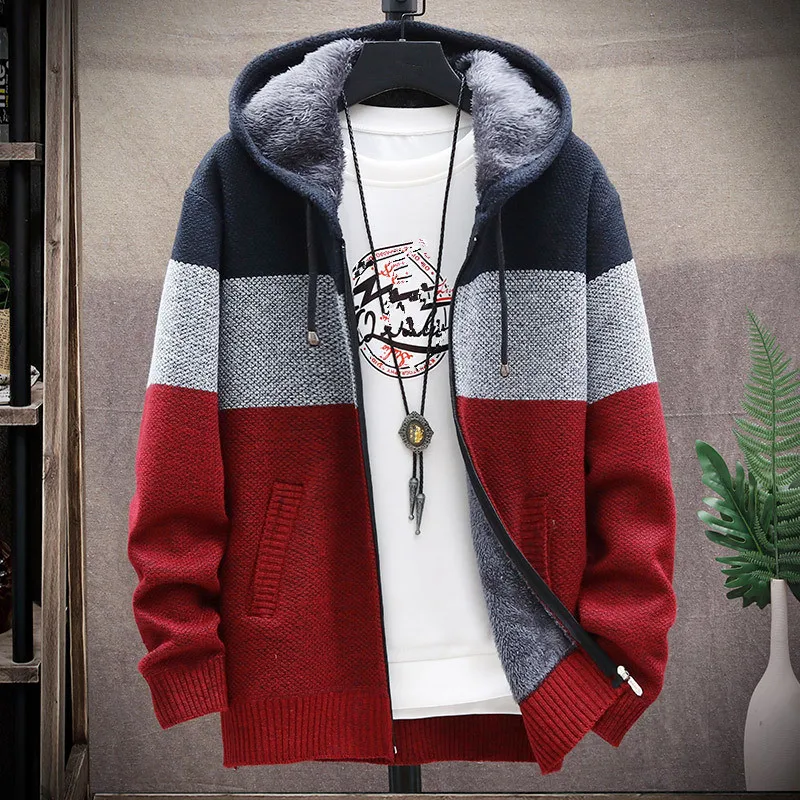 2024 Autumn Winter Fleece Hooded Sweatercoat Striped Knitted Cardigan Men Warm Casual Sweater Jackets Thick Knit Windbreaker Man