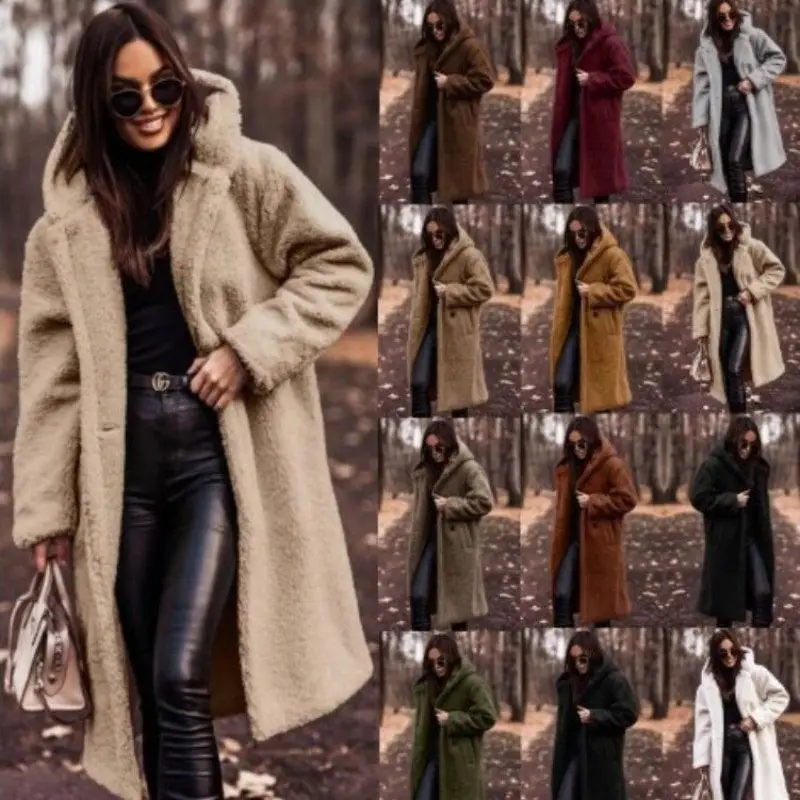 Elegant Long Coat for Women Plush Warm Autumn Winter Fashion Soft Outerwear Female Mid-Year NoBrand Registered Trademark