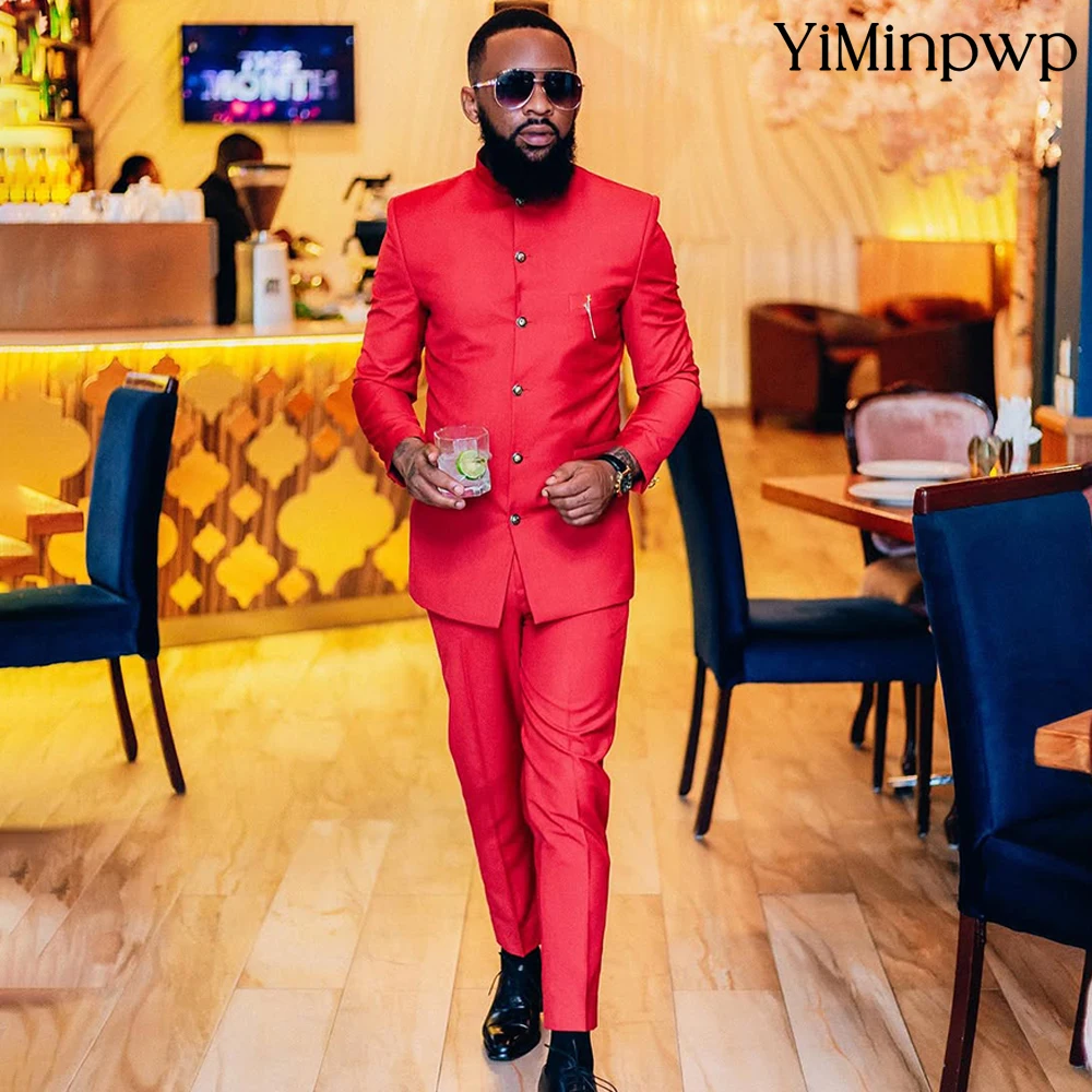 

YiMinpwp Men's Red Mandarin Collar Suit Luxury African Style Formal Wear for Party Wedding Special Occasions Tailored OutfXS-5XL