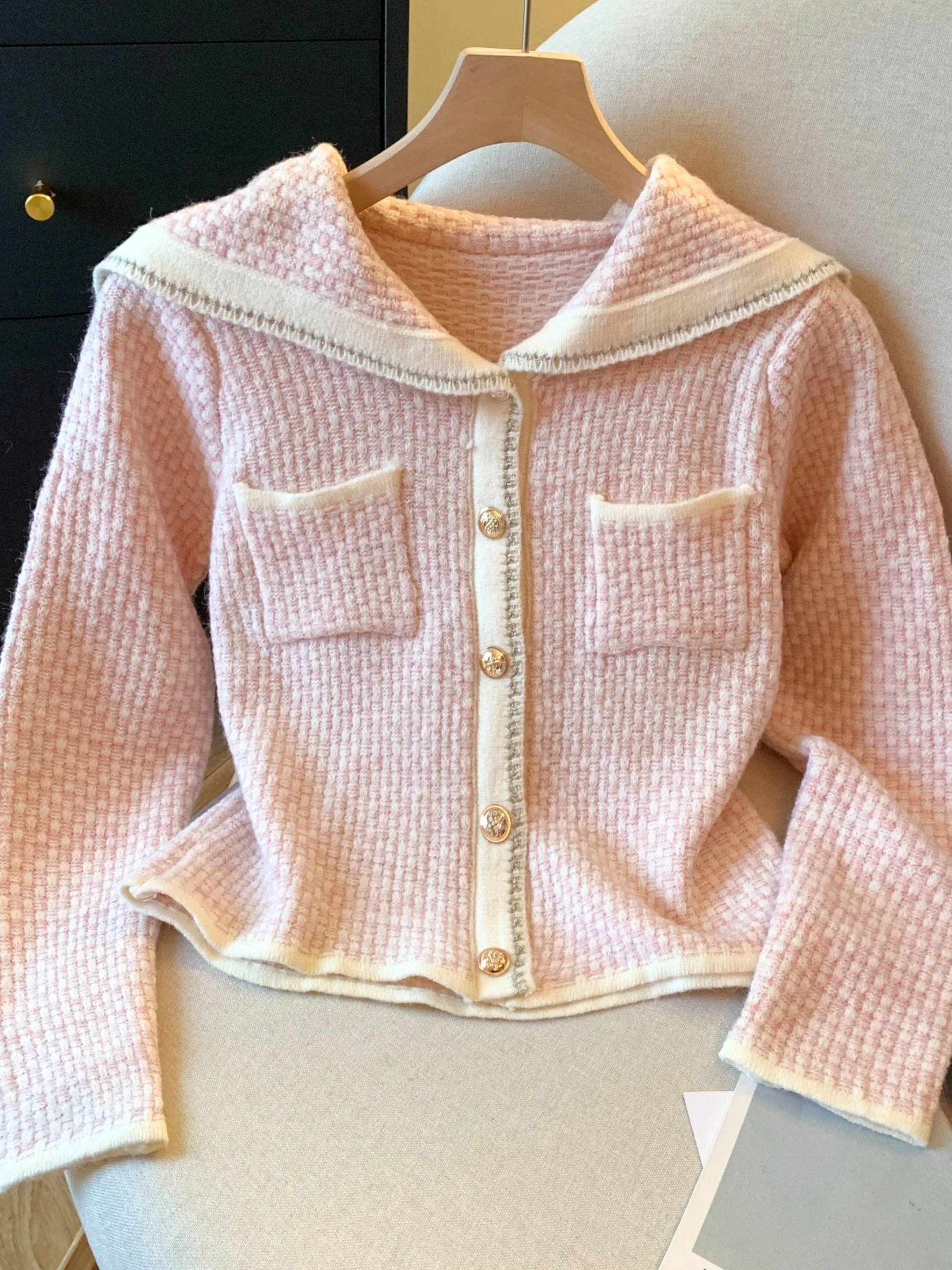 

Pink Navy Collar Knitted Sweater Coat Women's Autumn Winter Anti-Aging Outerwear Knit Cardigan Korean Sle Loose Fit