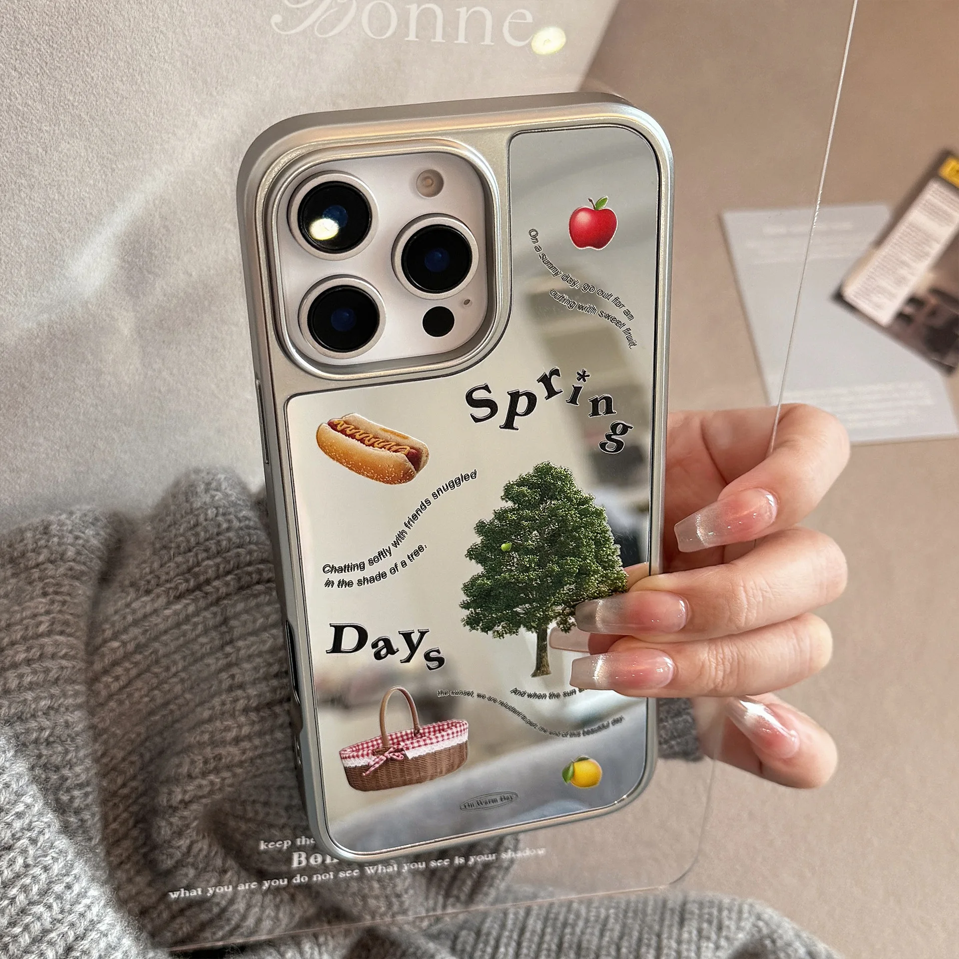 Spring Picnic Korean Mirror Electroplating Hard Mobile Phone Case For iPhone16/15pro max Anti-fall Phone Case For iPhone13/14