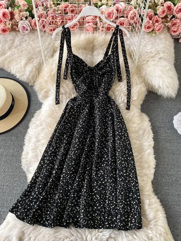 Summer New All-match Bowknot Floral Vestidos Female High-waist Fold Drawstring Sling Chiffon Midi Dress C913