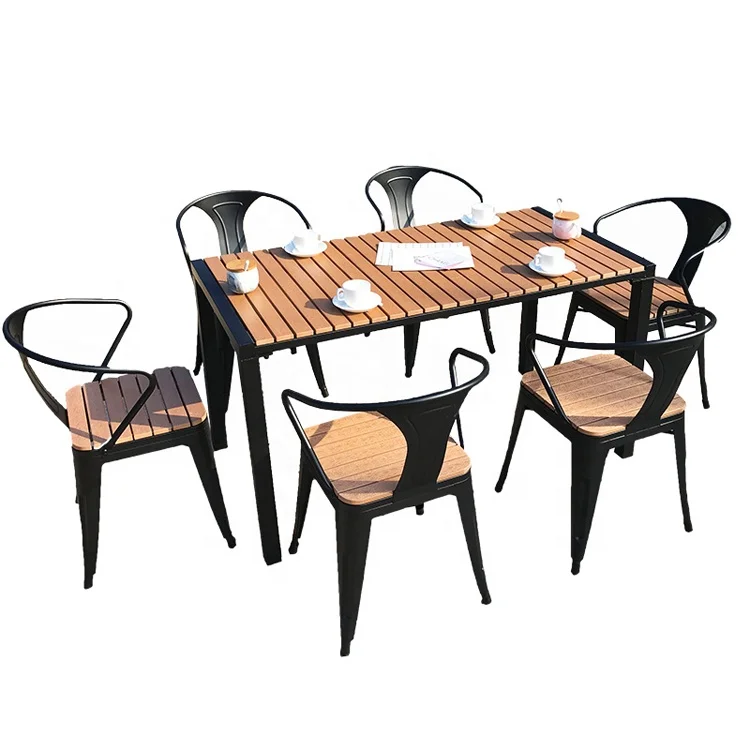 Cheap Modern Patio Porch 7 Piece Aluminum Dining Set Furniture Outdoor Garden Cafe Plastic Wood Table and 6 Seater Chairs