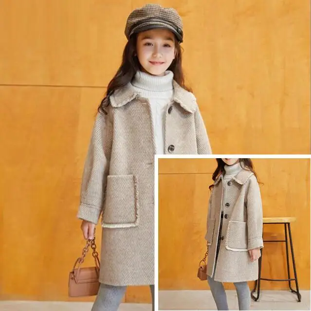 

Girls Wool Jacket Long Single breasted Warm Toddle Teen Lapel Tweed Coat Spring Fall Winter Baby Outwear Clothes 4-14Y