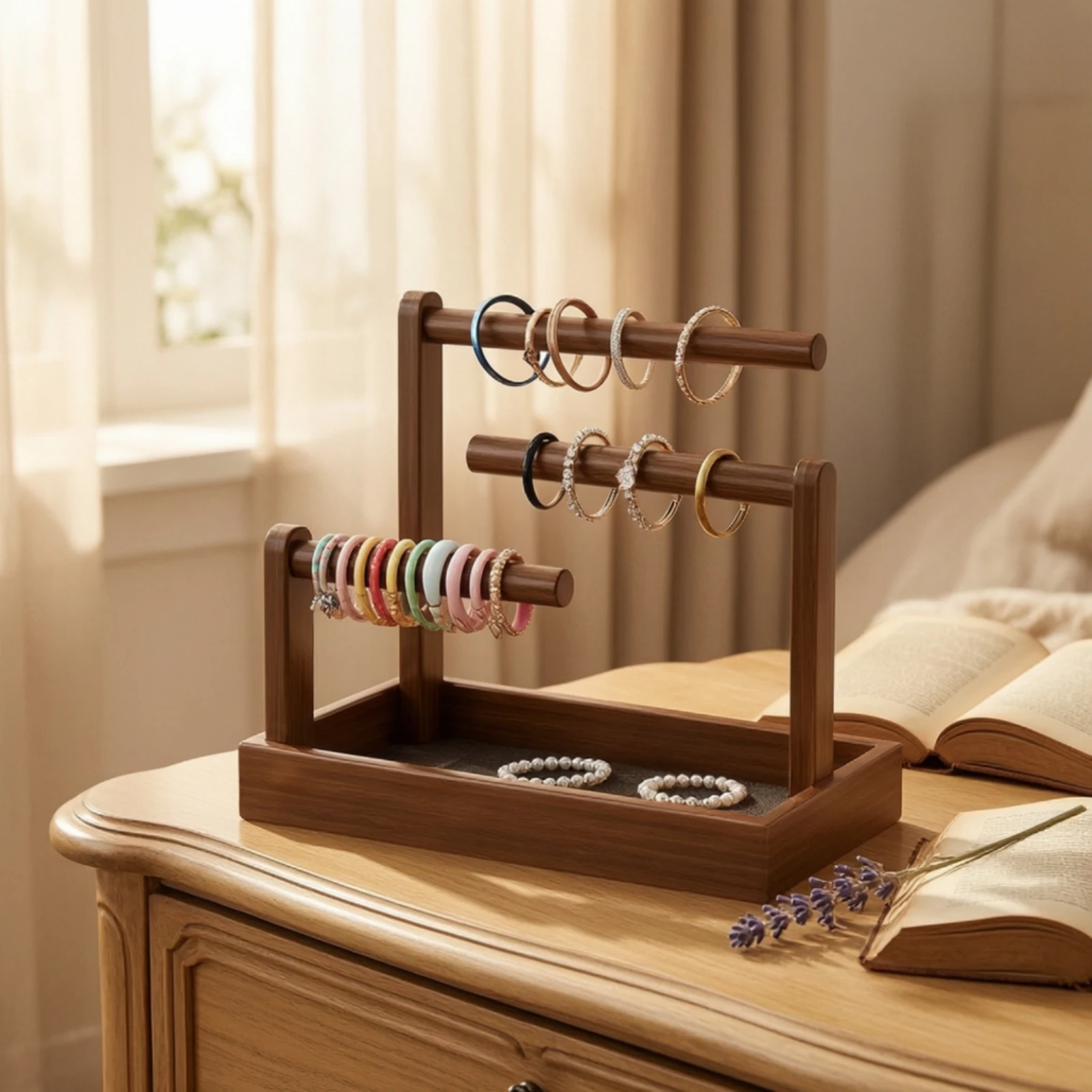Headband Holder with Tray Tiered Hairband Organizer with Felt Base Bracelet Display with Wooden Rails Compact for Women, Dresser